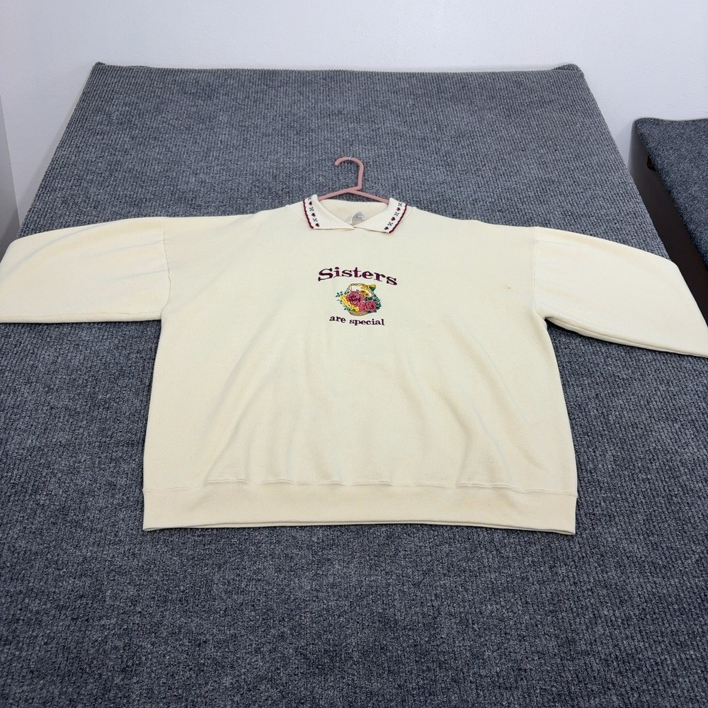 Vintage Won's Wear Sweatshirt Women XXL Cream Poly Cotton Collar Sisters Special